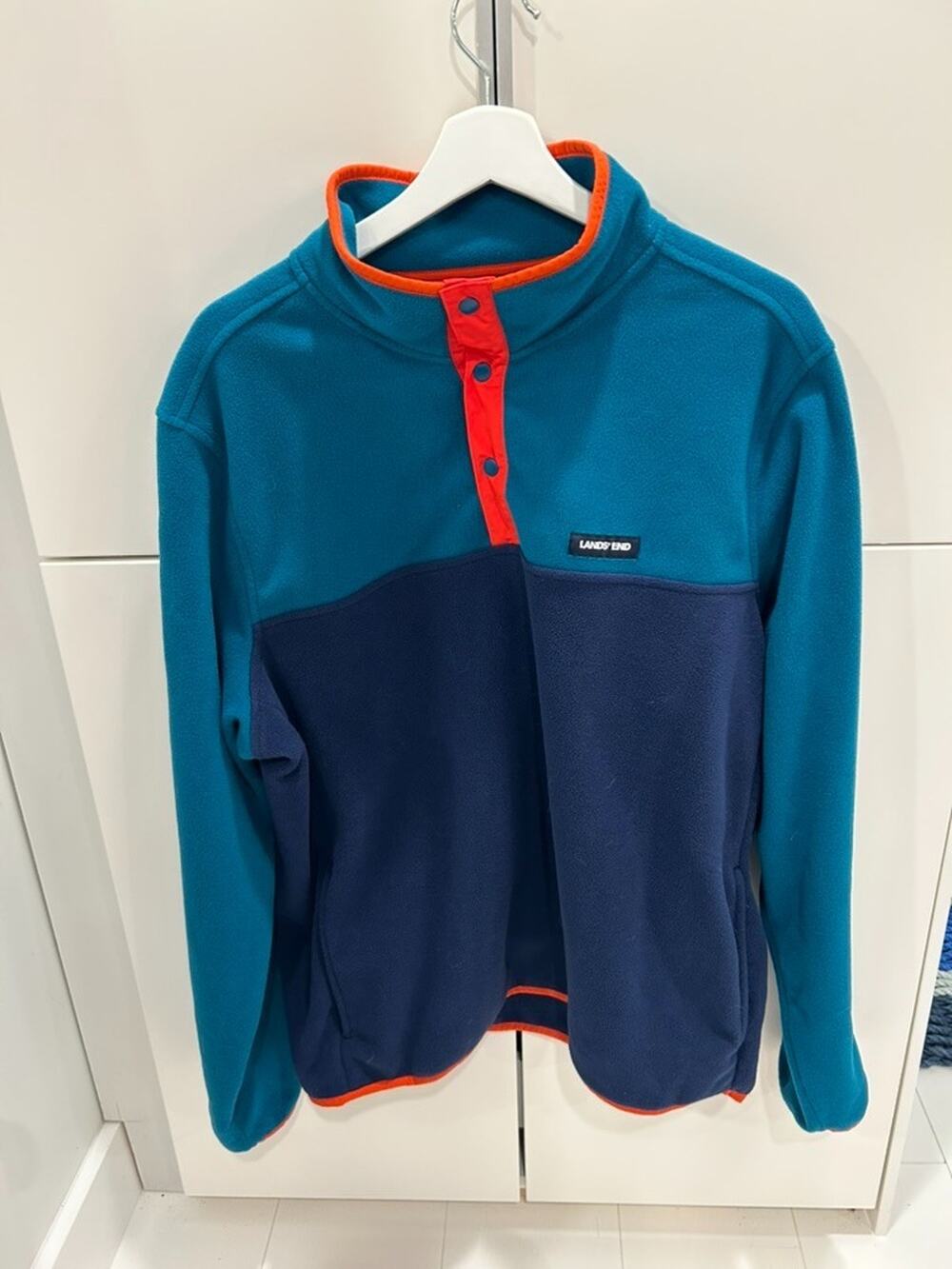 Lands End Heritage Fleece Snap Neck Pullover Mens L Teal Navy Orange 525988